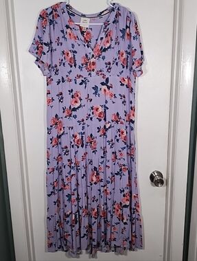 Knox Rose M Floral Boho Dress Purple Midi Short Sleeve Prairie Flowy Cottage